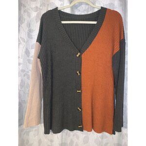 Colorblock Shein Ribbed Knit Button-Up Cardigan - Size L (US 8) - Orange/Gray/Be